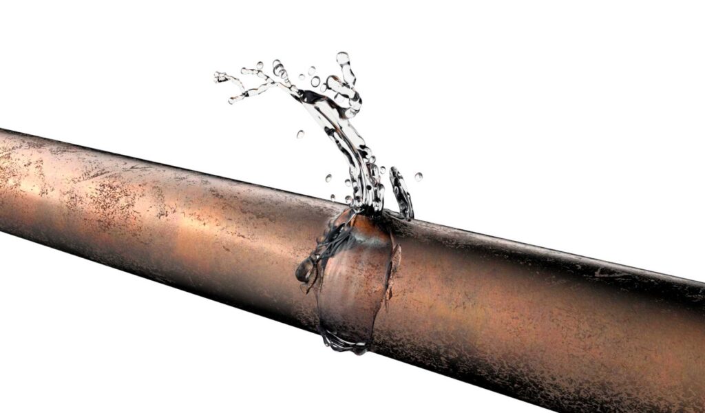 Bursted copper pipe with water leaking out